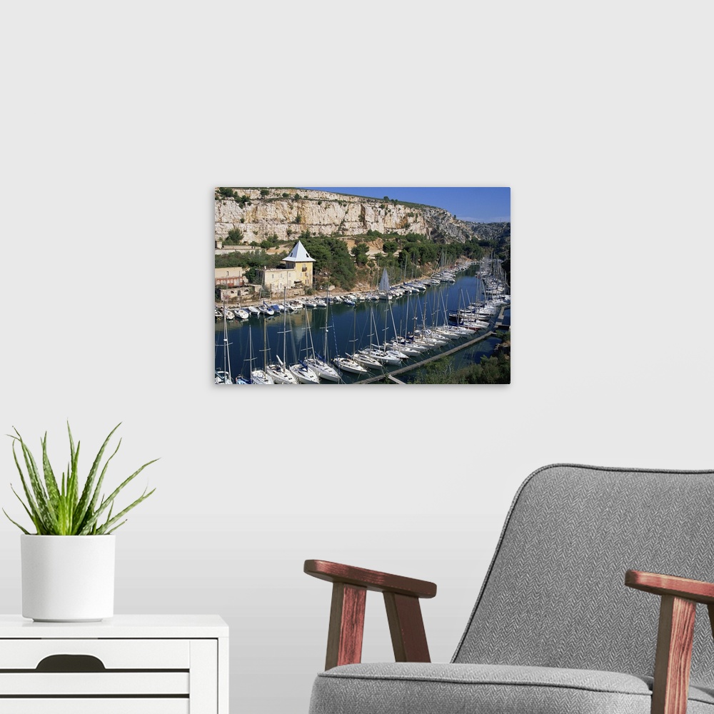 A modern room featuring Boats moored in harbour, Port Miou, Bouches du Rhone, France