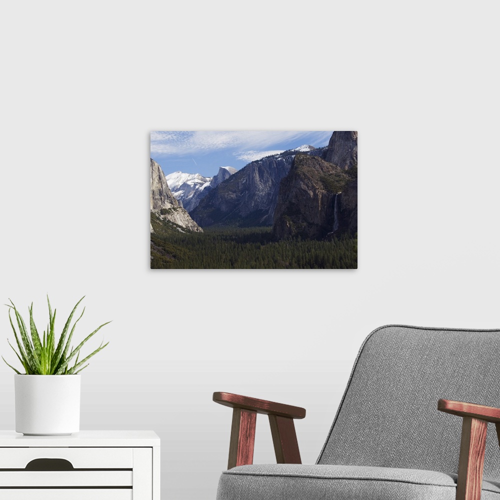 A modern room featuring Bridalveil Falls, El Capitan and Half Dome Peak, Yosemite, California