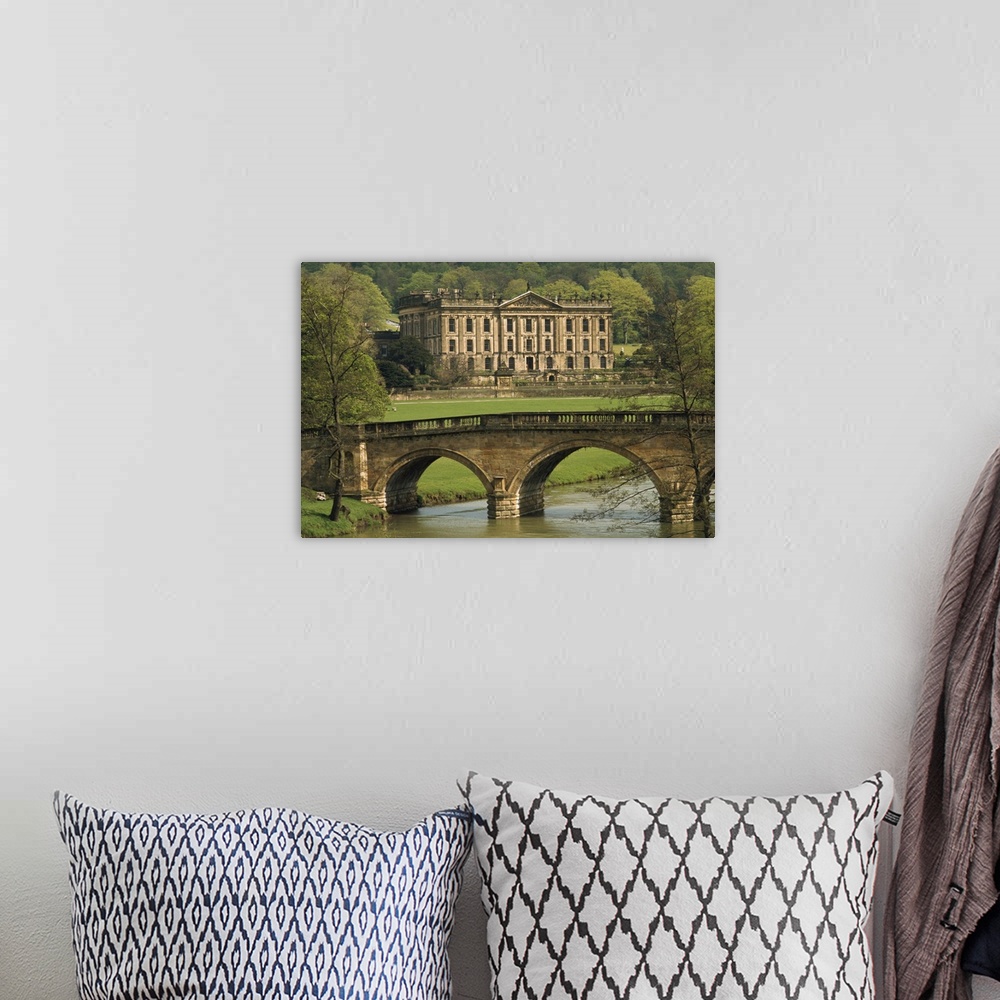 A bohemian room featuring Bridge over the river and Chatsworth House, Derbyshire, England, UK