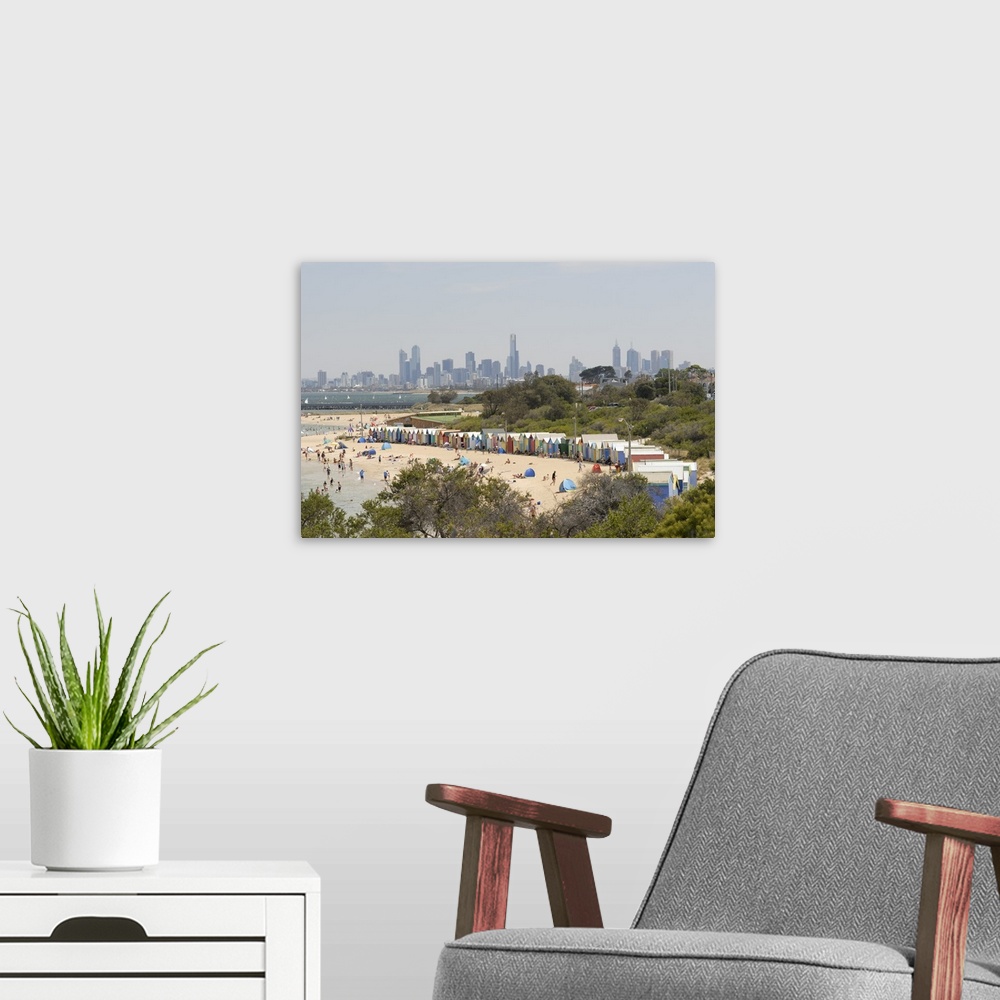 A modern room featuring Brighton, Melbourne skyline in the background, Victoria, Australia