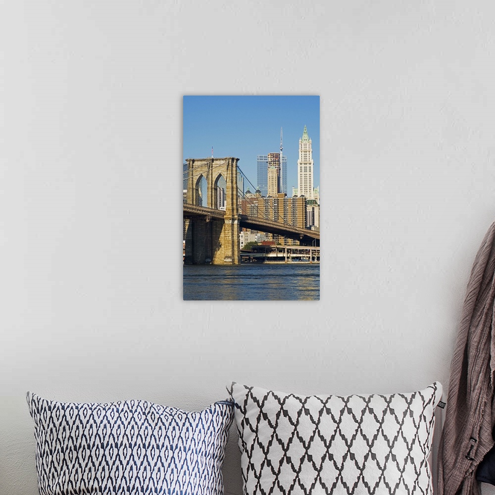 A bohemian room featuring Brooklyn Bridge and Manhattan skyline, New York City, New York, USA
