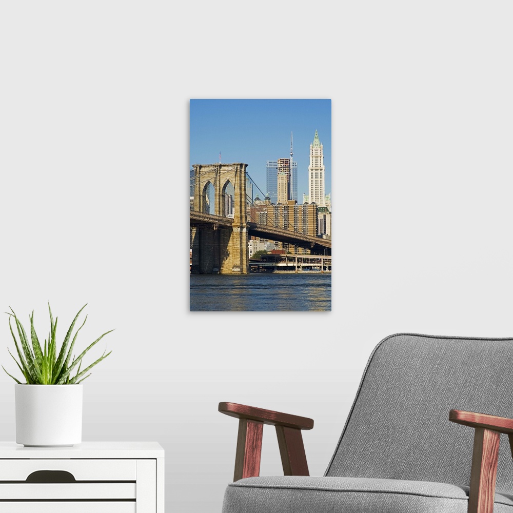 A modern room featuring Brooklyn Bridge and Manhattan skyline, New York City, New York, USA