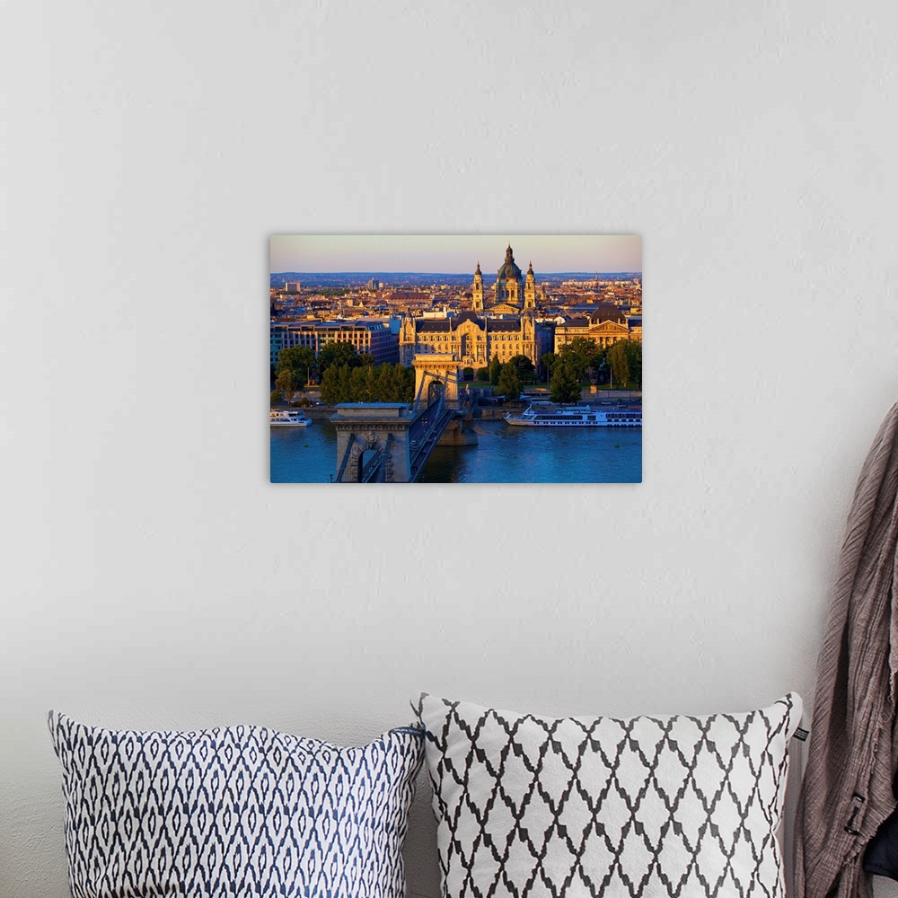 A bohemian room featuring Budapest skyline and River Danube, Budapest, Hungary, Europe