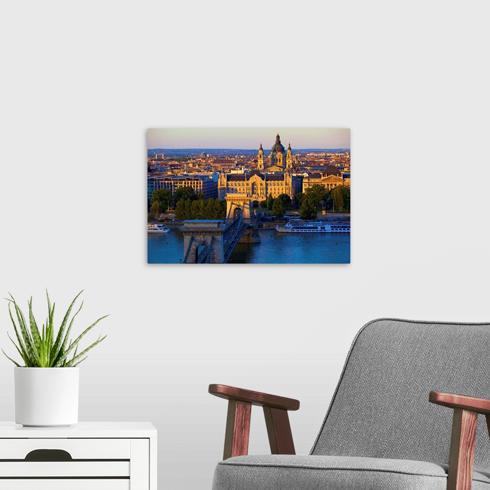 A modern room featuring Budapest skyline and River Danube, Budapest, Hungary, Europe