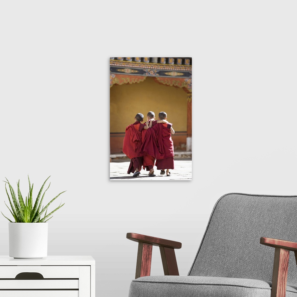 A modern room featuring Buddhist monks, Paro Dzong, Paro, Bhutan, Asia