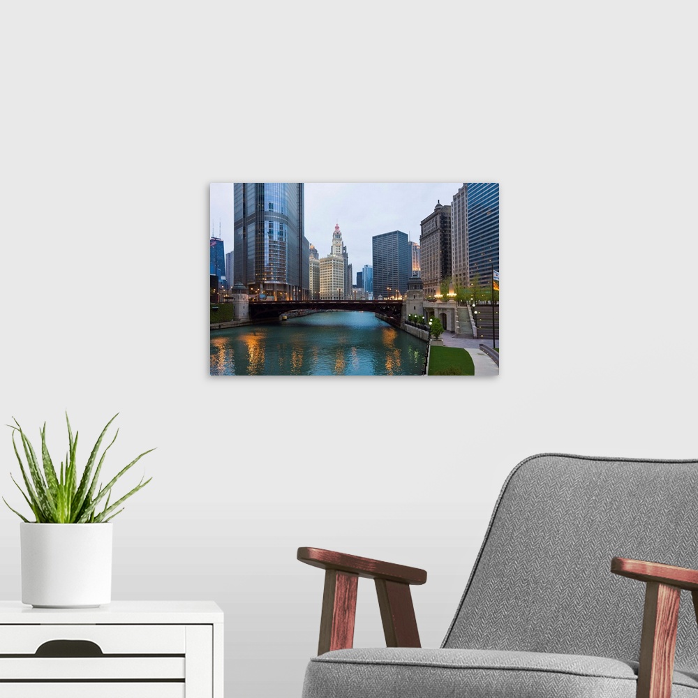 A modern room featuring Buildings along Wacker Drive and the Chicago River, Chicago, Illinois