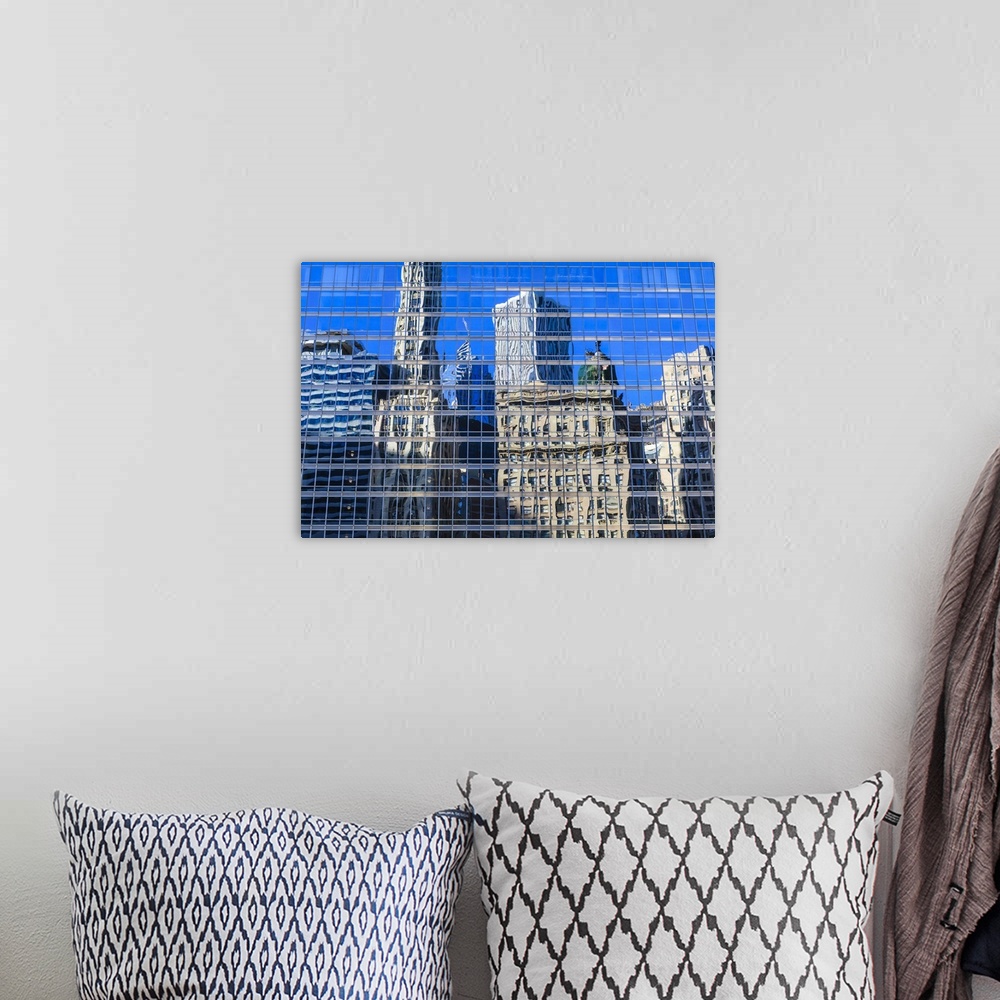 A bohemian room featuring Buildings on West Wacker Drive reflected in the Trump Tower, Chicago, Illinois
