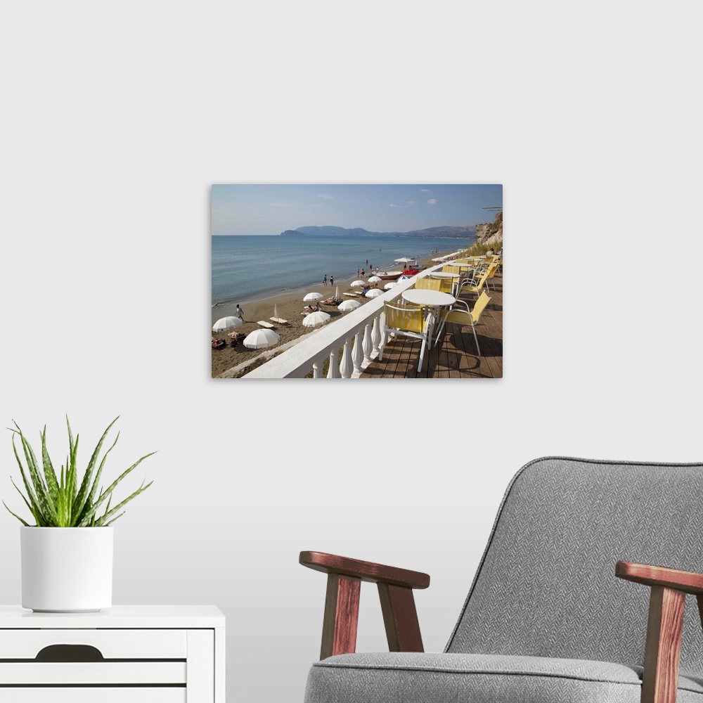 A modern room featuring Cafe overlooking beach, Kalamaki, Zakynthos, Ionian Islands, Greek Islands, Greece