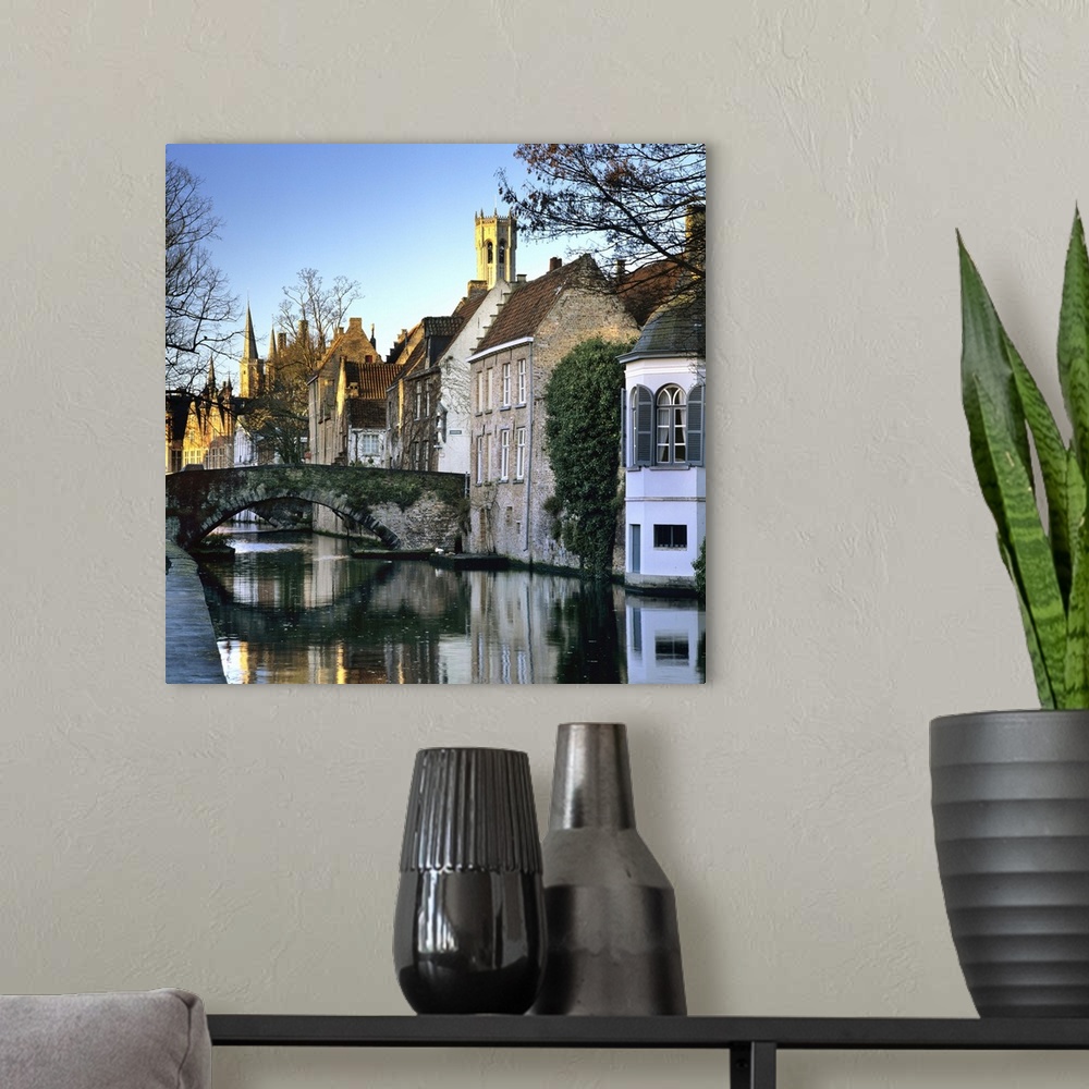 A modern room featuring Canal view with Belfry in winter, Bruges, West Vlaanderen (Flanders), Belgium