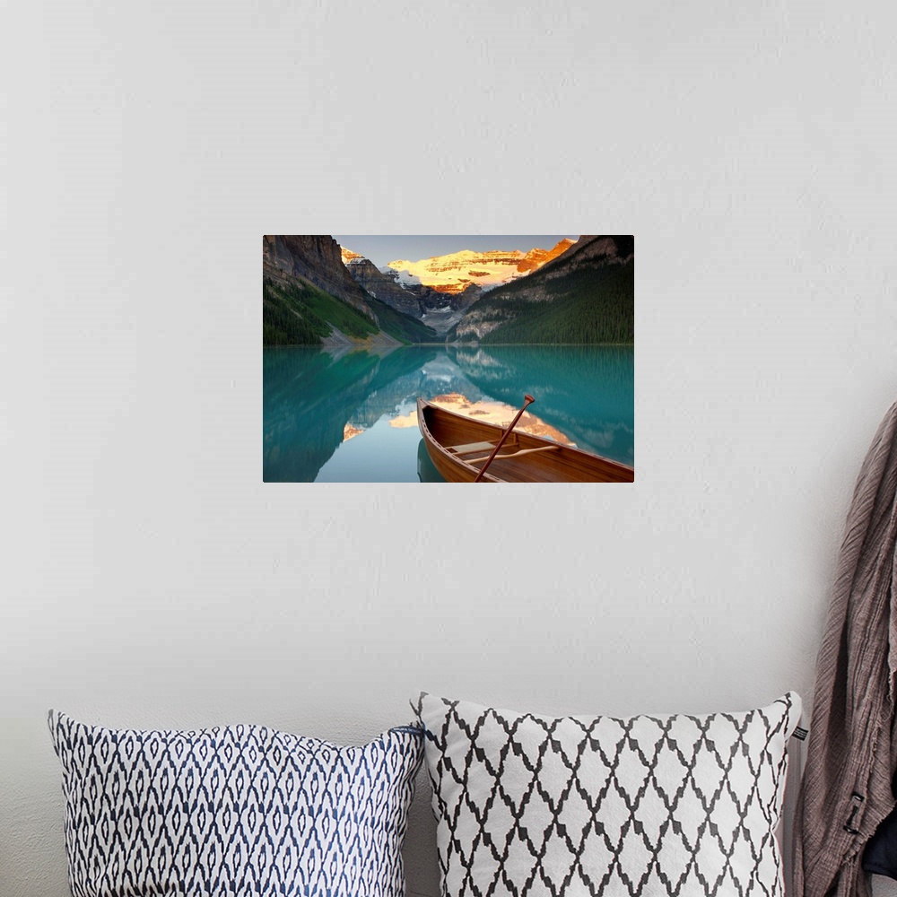 A bohemian room featuring Canoe on Lake Louise, Banff National Park, Alberta, Rocky Mountains, Canada