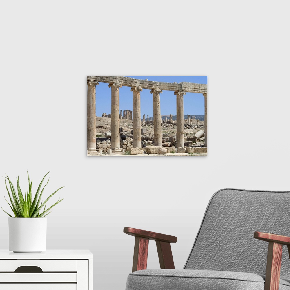 A modern room featuring Cardo Maximus colonnaded street, Roman city, Jerash, Jordan