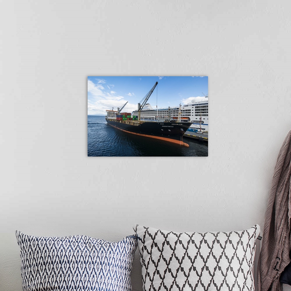 A bohemian room featuring Cargo ship anchoring in the harbour of Ushuaia, Tierra del Fuego, Argentina, South America
