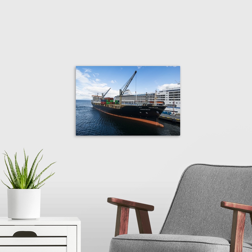 A modern room featuring Cargo ship anchoring in the harbour of Ushuaia, Tierra del Fuego, Argentina, South America