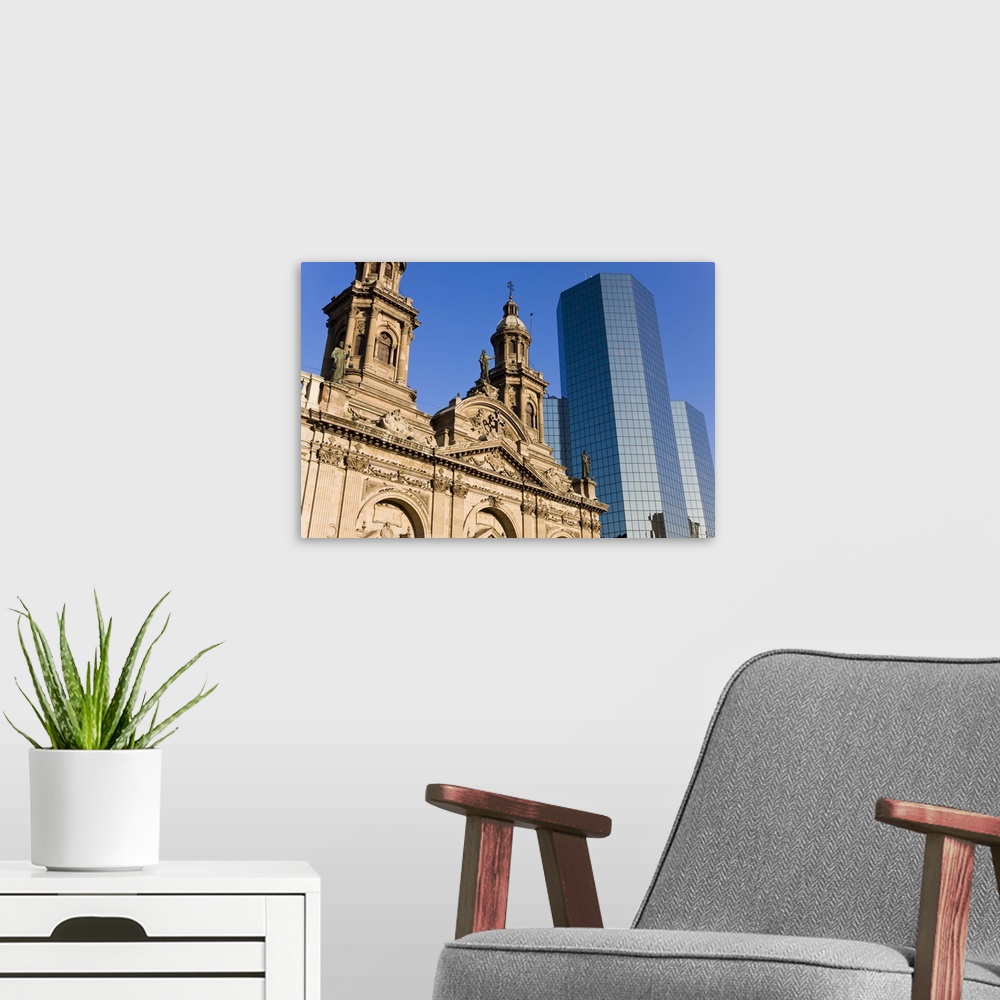 A modern room featuring Cathedral Metropolitana and modern office building in Plaza de Armas, Santiago, Chile