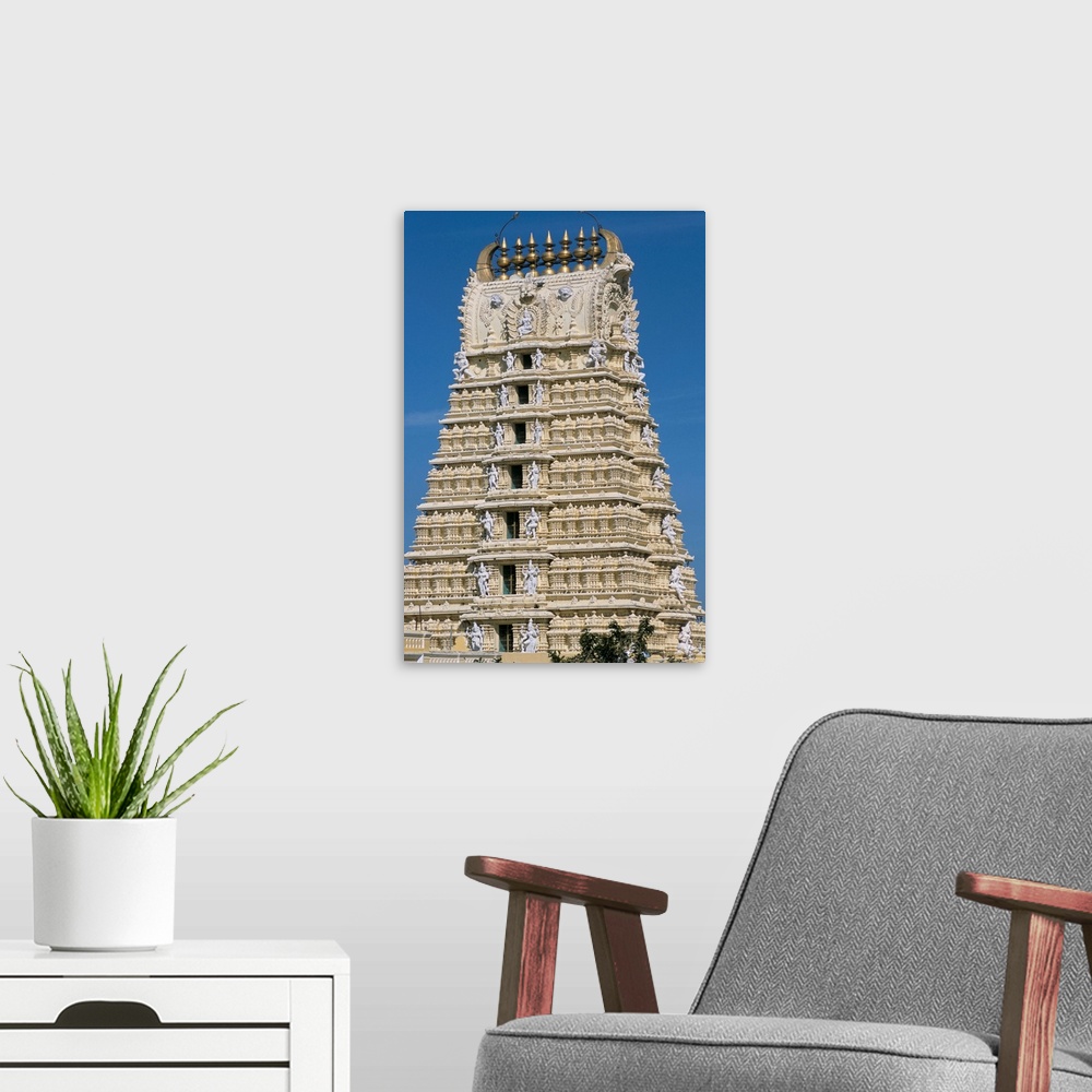 A modern room featuring Chamundeswara temple, Chamundi Hills, Mysore, Karnataka, India, Asia