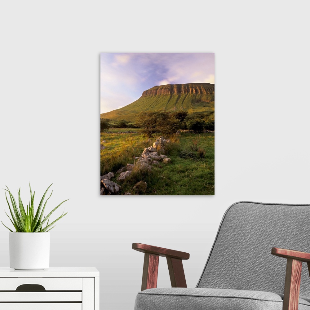 A modern room featuring Characteristic shape of Benbulben at sunset, Connacht, Republic of Ireland