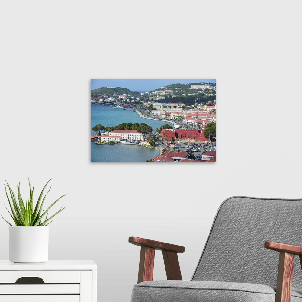 A modern room featuring View over Charlotte Amalie, capital of St. Thomas, with Fort Christian, US Virgin Islands, West I...