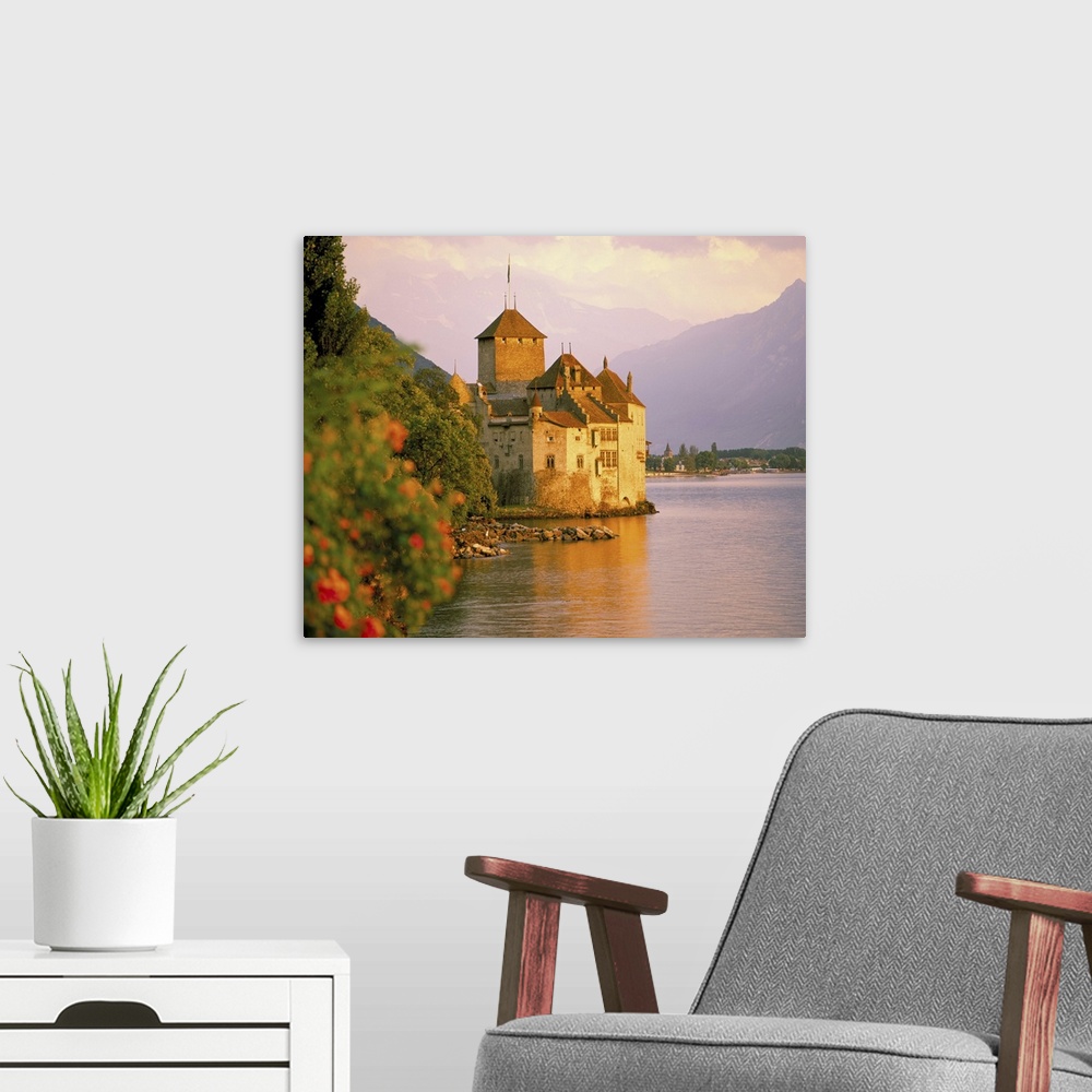 A modern room featuring Chateau de Chillon, Lake Generva, Montreux, Switzerland