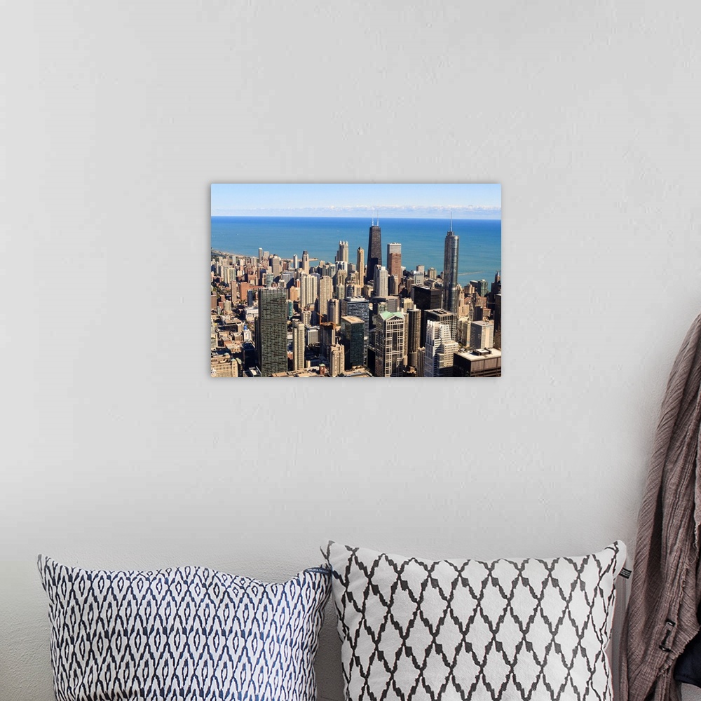 A bohemian room featuring Chicago city skyline and Lake Michigan, Chicago, Illinois, USA