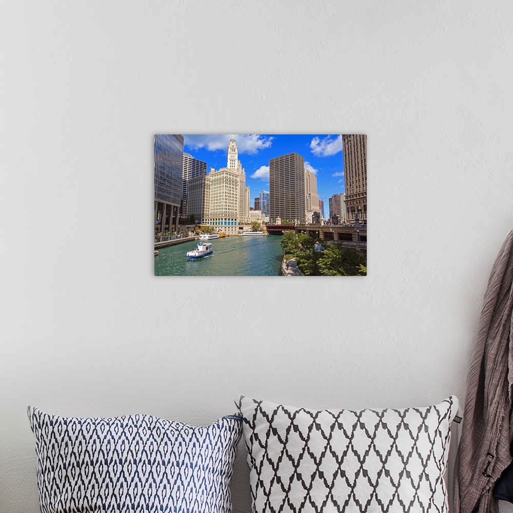 A bohemian room featuring Chicago River along East Wacker Drive, Chicago, Illinois, USA