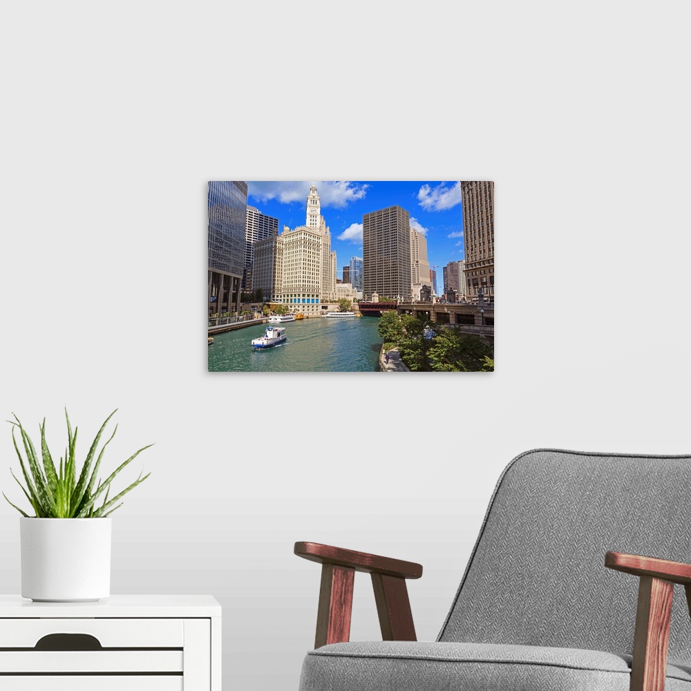 A modern room featuring Chicago River along East Wacker Drive, Chicago, Illinois, USA