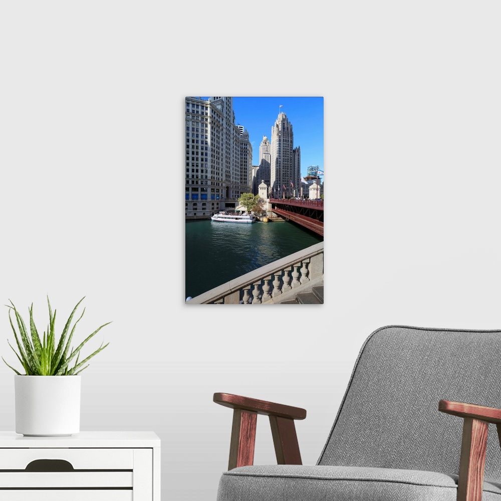 A modern room featuring Chicago River and DuSable Bridge, Chicago, Illinois