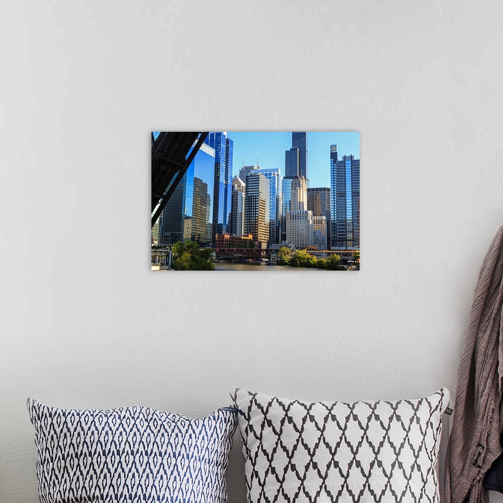 A bohemian room featuring Chicago River and towers of the West Loop area, Chicago, Illinois, USA