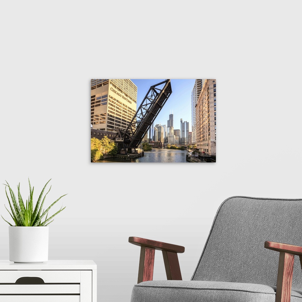 A modern room featuring Chicago River and towers of the West Loop area, Willis Tower, Chicago, Illinois