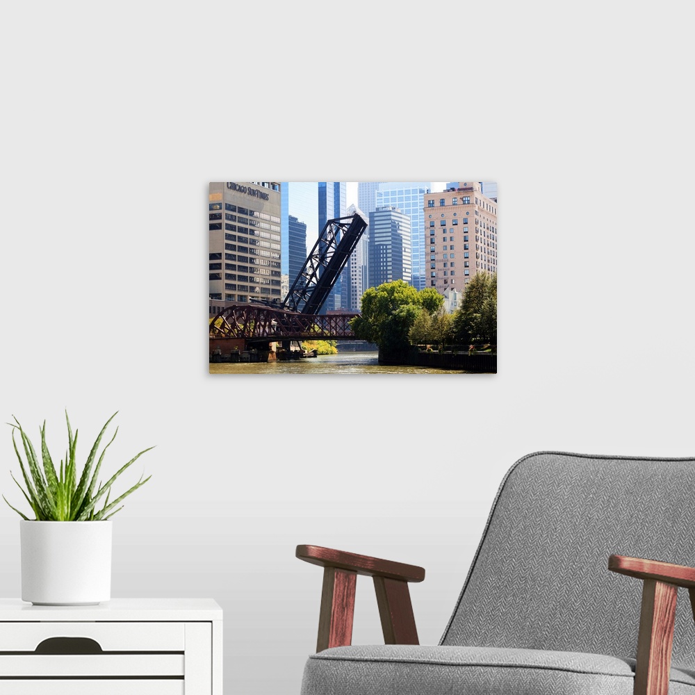A modern room featuring Chicago River scene, Chicago, Illinois, USA