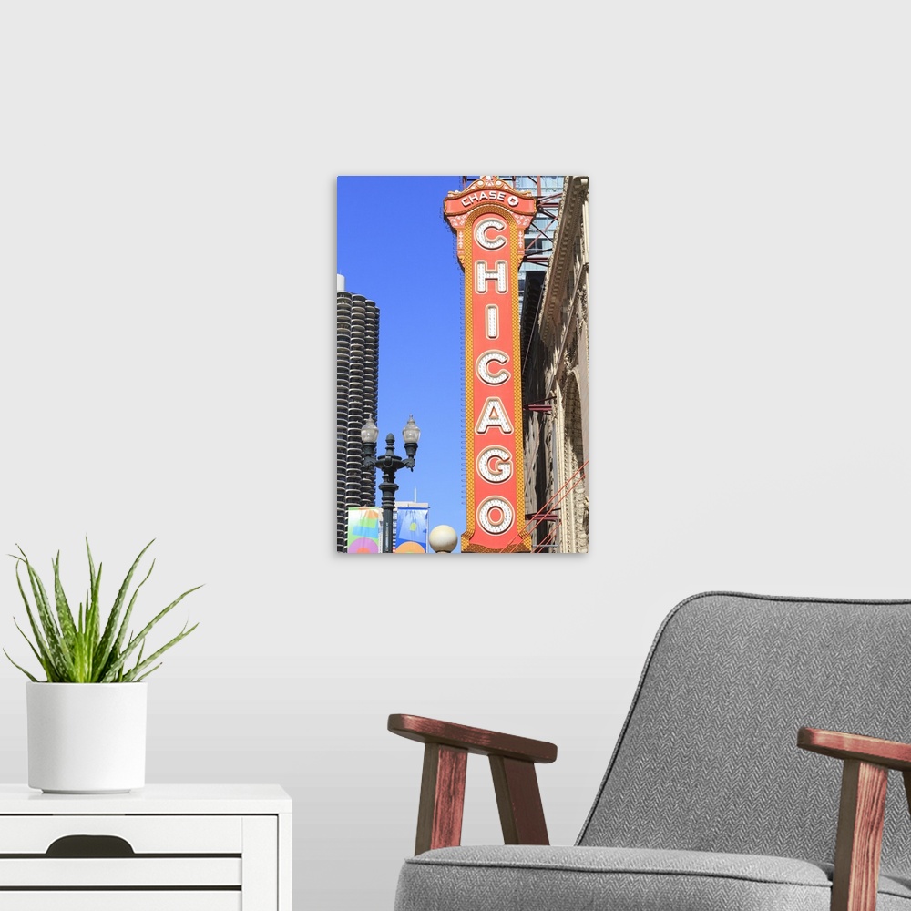 A modern room featuring Chicago Theater, Chicago, Illinois