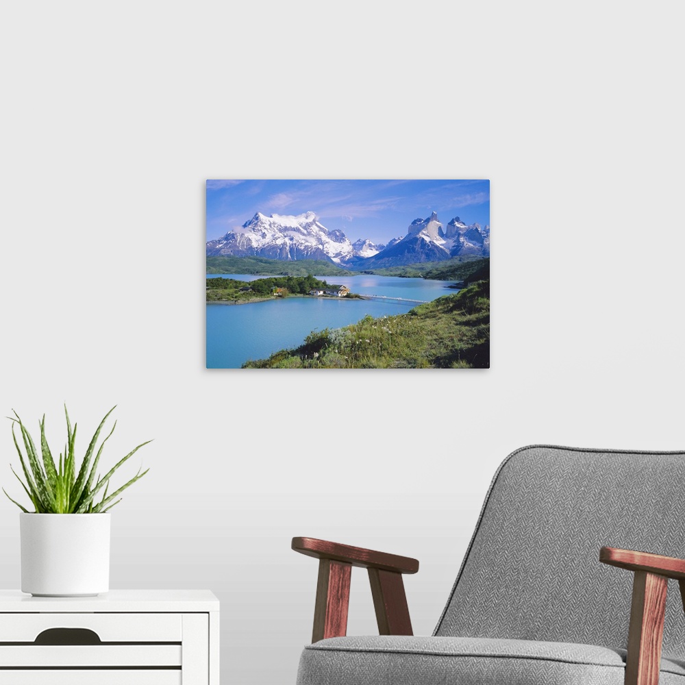 A modern room featuring Chile, Patagonia, Torres Del Paine National Park From Lago Pehoe With Hosteria  Pehoe. Cerro Pain...