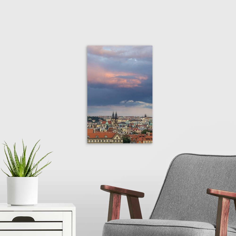 A modern room featuring Church of Our Lady before Tyn at sunset, UNESCO World Heritage Site, Prague, Bohemia, Czech Repub...