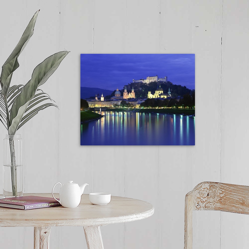 A farmhouse room featuring City and castle at night from the river, Salzburg, Austria
