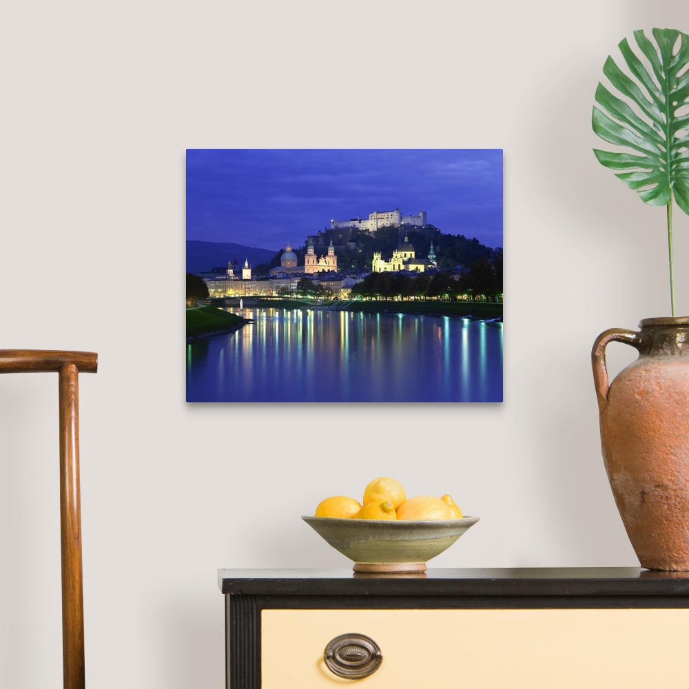 A traditional room featuring City and castle at night from the river, Salzburg, Austria