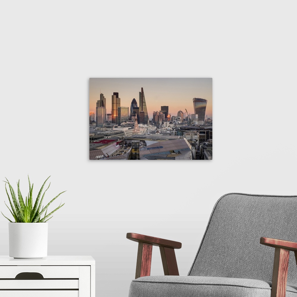 A modern room featuring City of London skyline from St. Pauls Cathedral, London, England