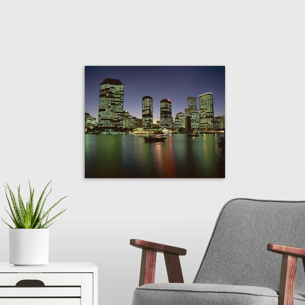A modern room featuring City skyline and Brisbane River at night, Brisbane, Queensland, Australia, Pacific