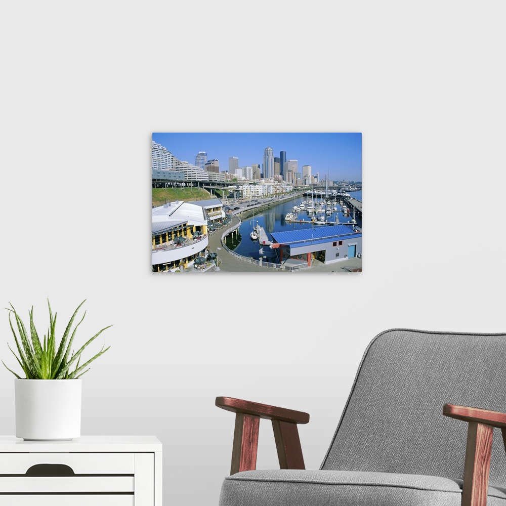 A modern room featuring City skyline and waterfront, Seattle, Washington State