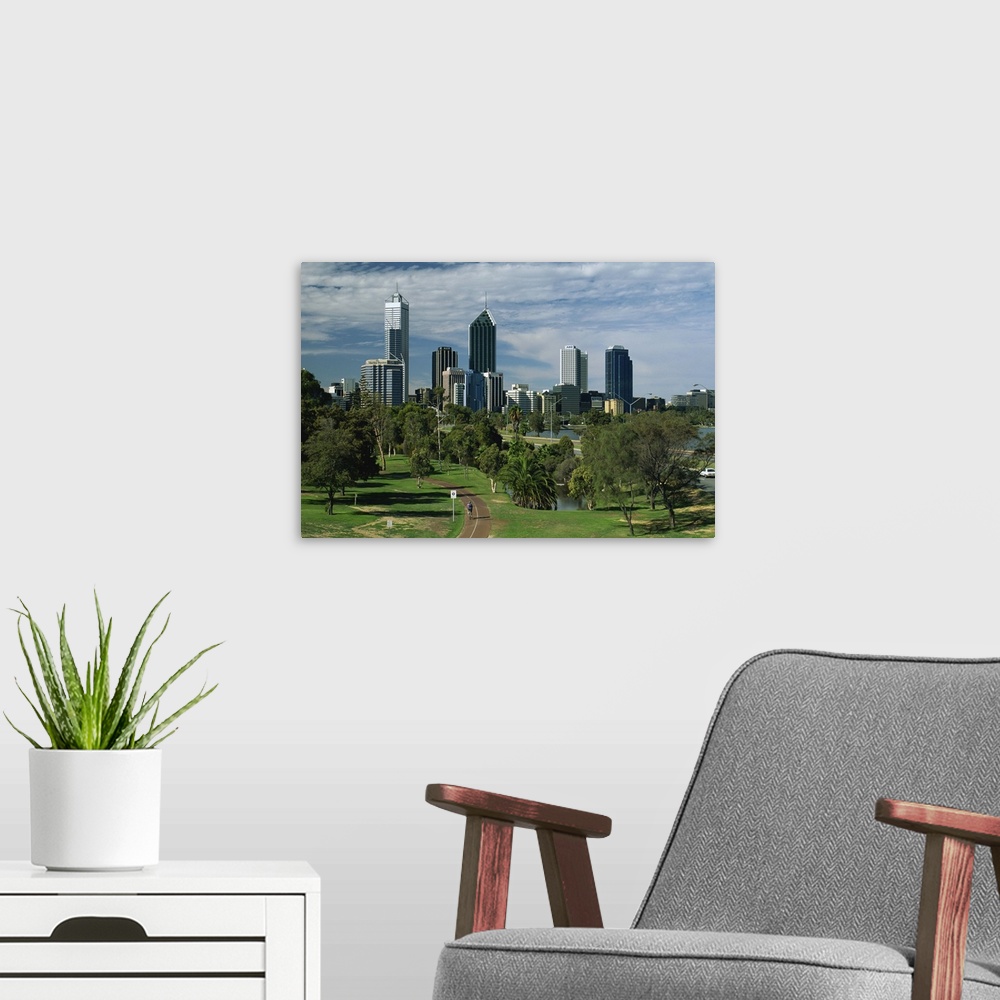 A modern room featuring City skyline viewed over park, Perth, Western Australia, Australia, Pacific
