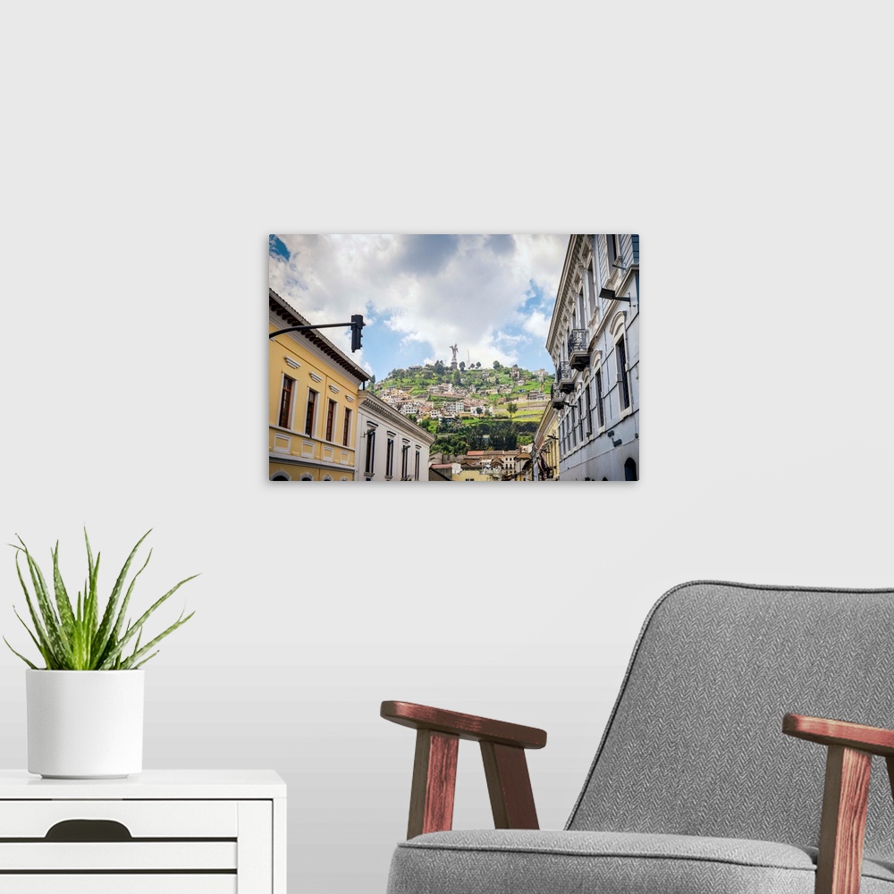 A modern room featuring Cityscape with the Panecillo in the background, Quito, Ecuador