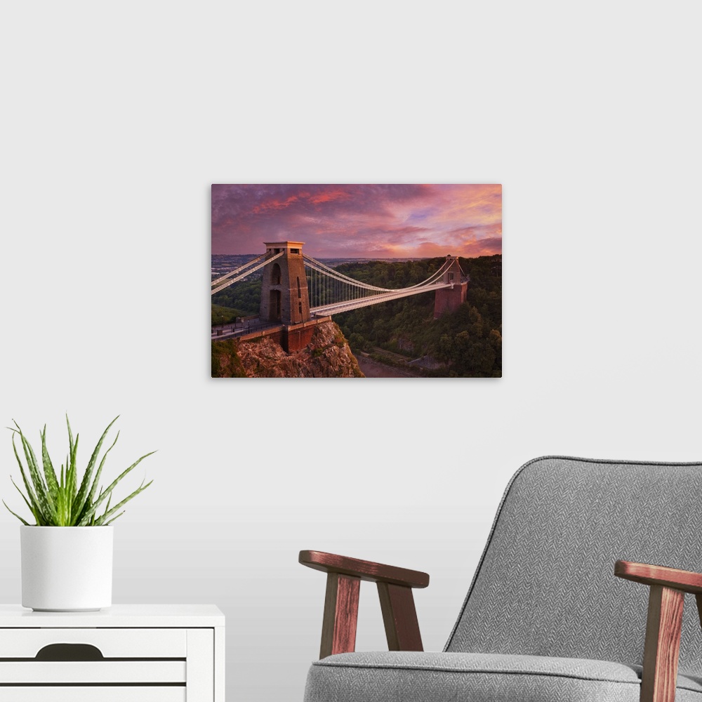 A modern room featuring Clifton Suspension Bridge at sunset, Clifton Downs, Bristol, England, United Kingdom, Europe