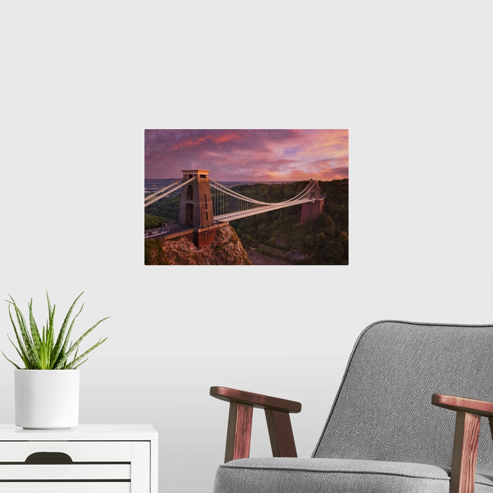 A modern room featuring Clifton Suspension Bridge at sunset, Clifton Downs, Bristol, England, United Kingdom, Europe
