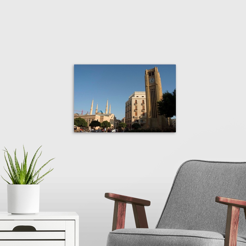 A modern room featuring Clock tower in Place d'Etoile, new mosque behind, downtown, Beirut, Lebanon