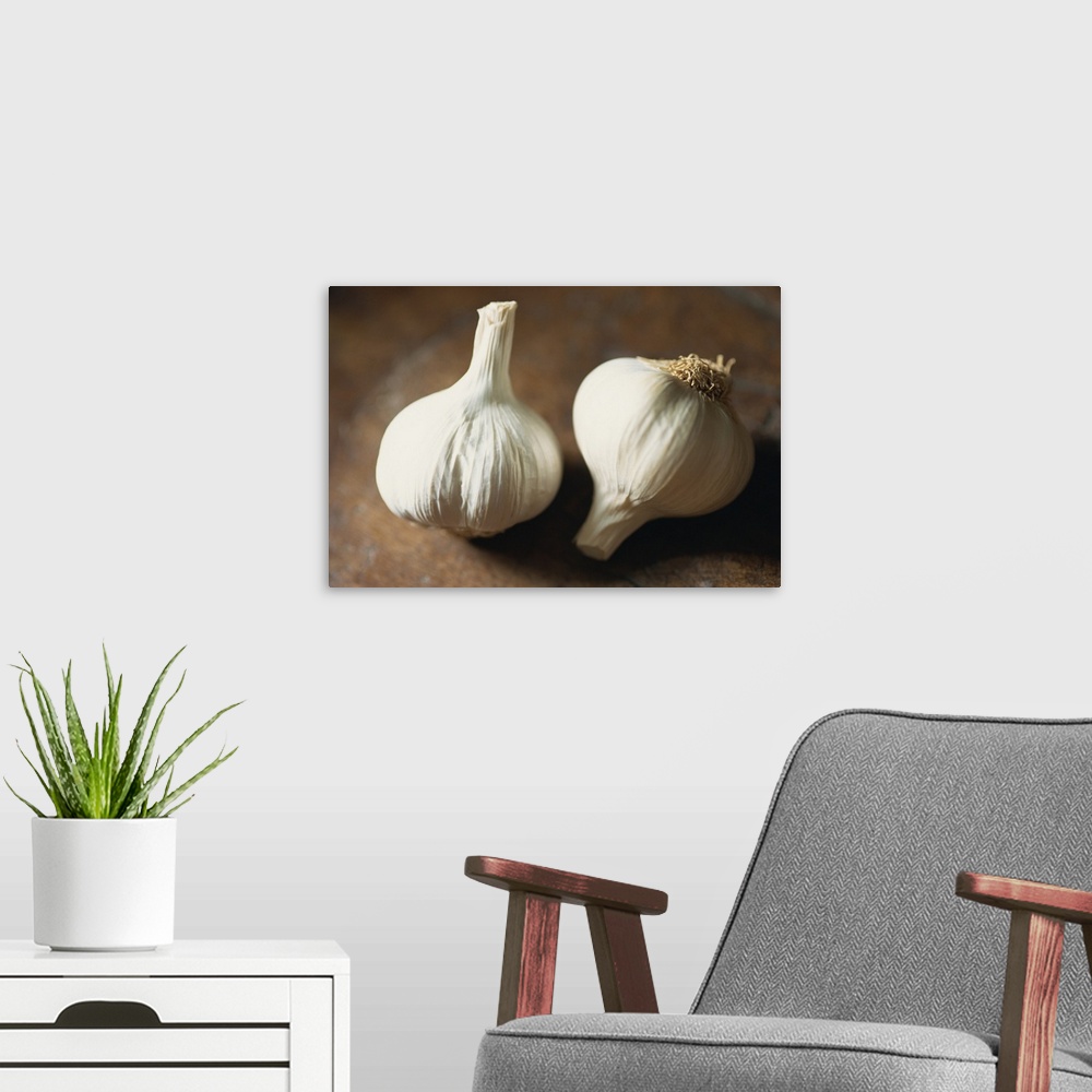 A modern room featuring Close-up of two heads of garlic