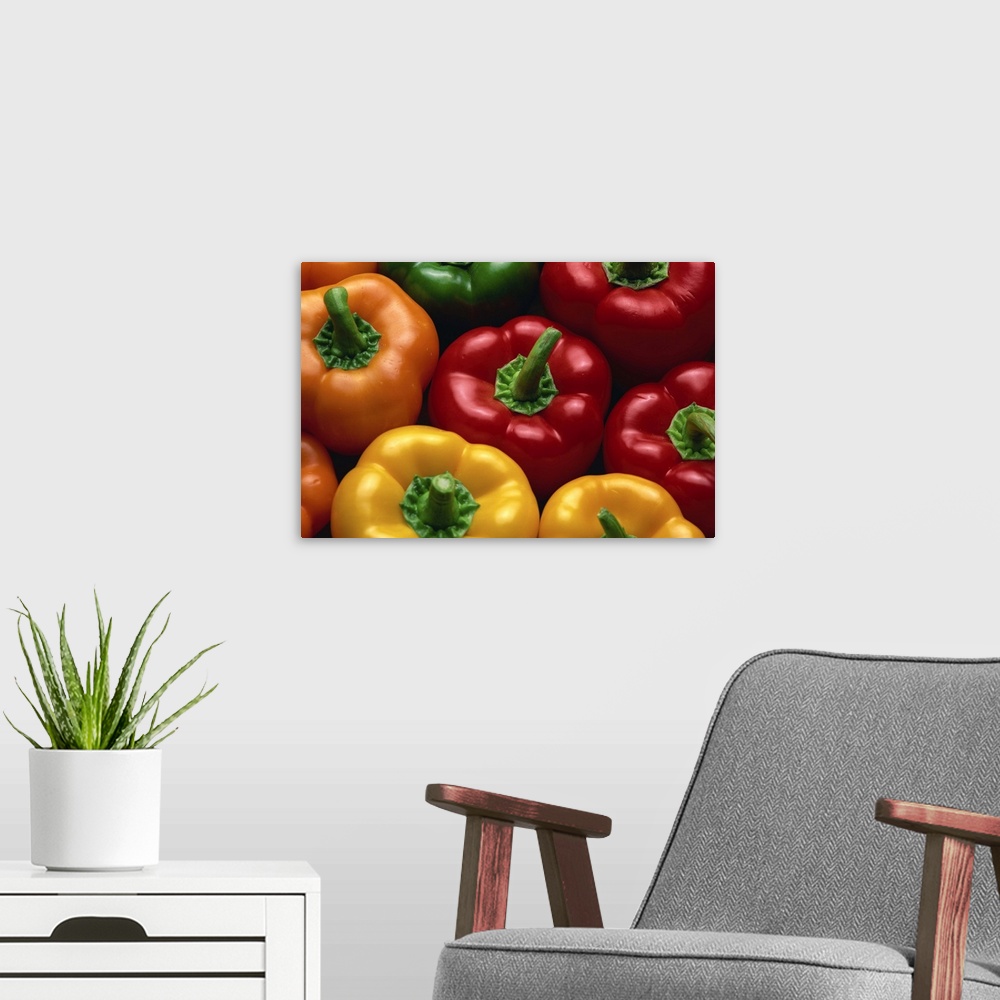 A modern room featuring Close-up of yellow, red, orange and green peppers