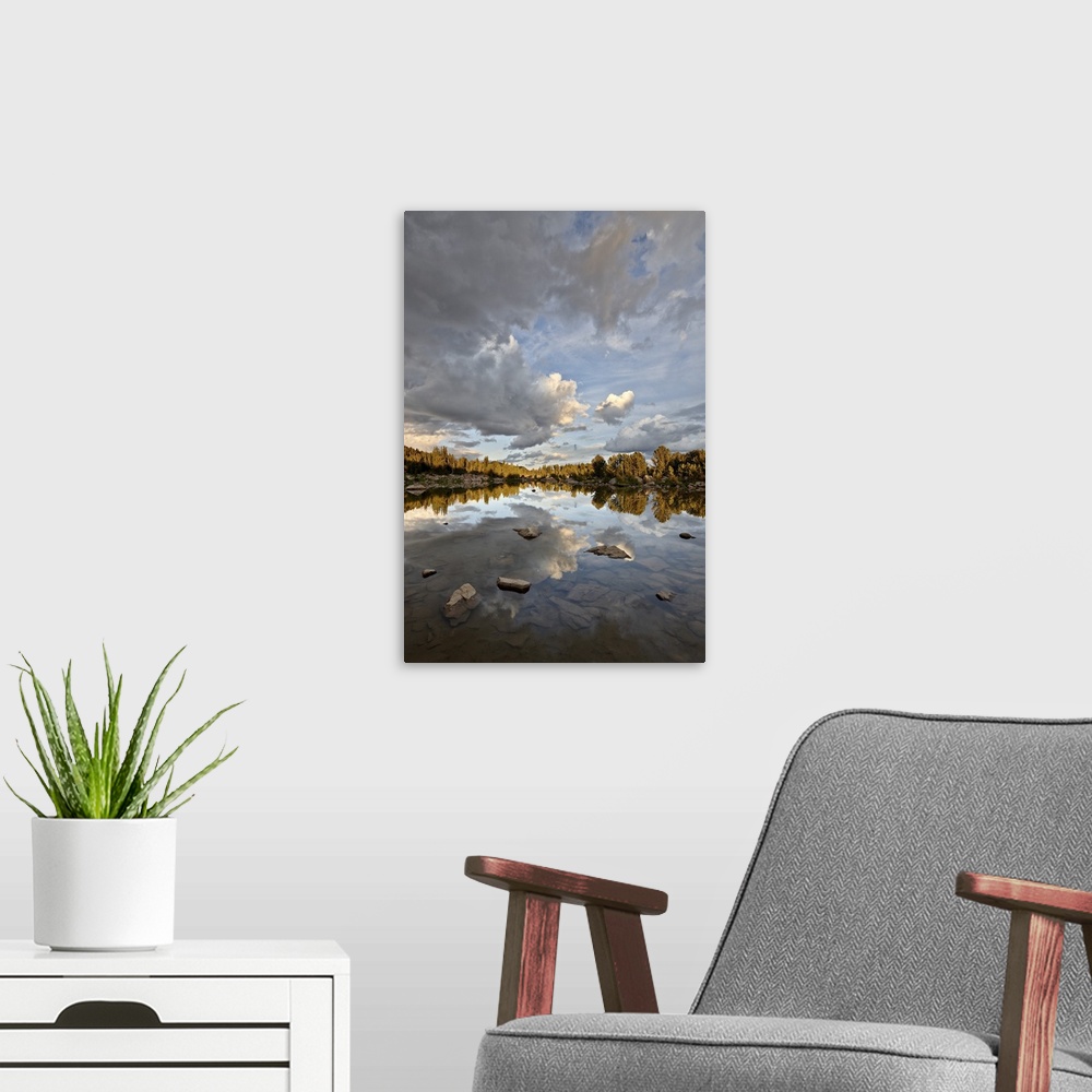 A modern room featuring Clouds at sunset reflected in an unnamed lake, Shoshone National Forest, Wyoming