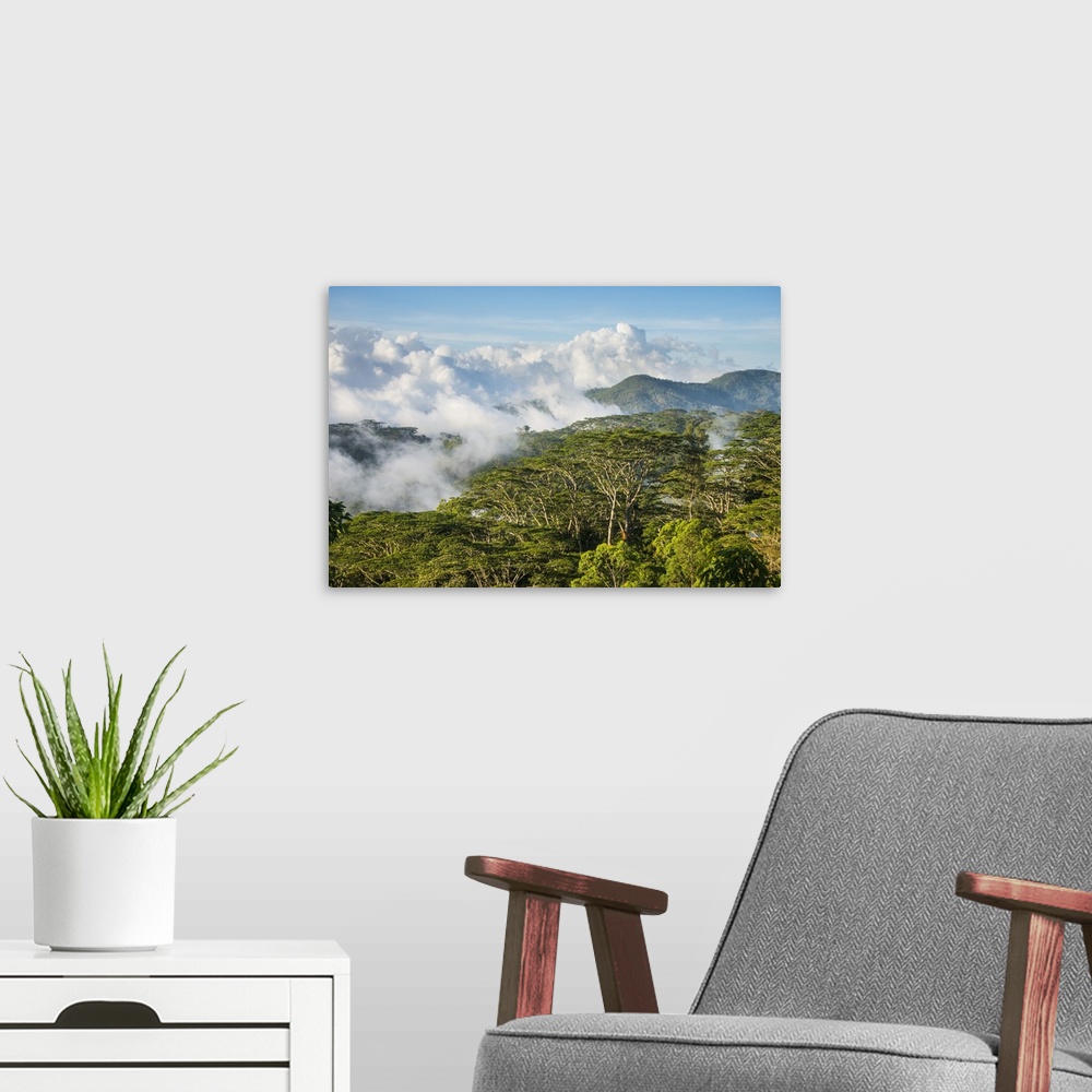 A modern room featuring Clouds rolling in the mountains around Suai, East Timor, Southeast Asia