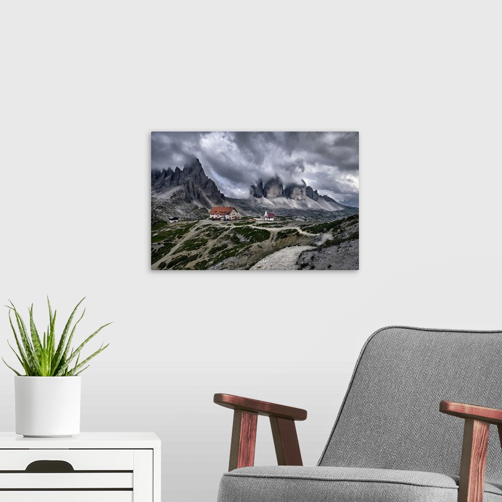 A modern room featuring Cloudy day on Locatelli hut and Three Peaks in the Dolomites, Trentino-Alto Adige, Italy, Europe