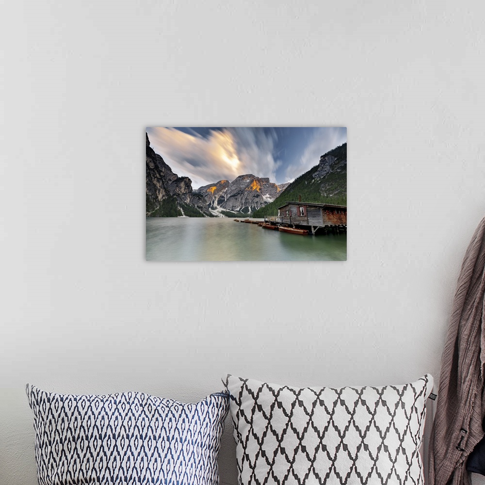 A bohemian room featuring Cloudy sky at sunset over Croda del Becco and Lake Braies (Pragser Wildsee), Dolomites, South Tyr...
