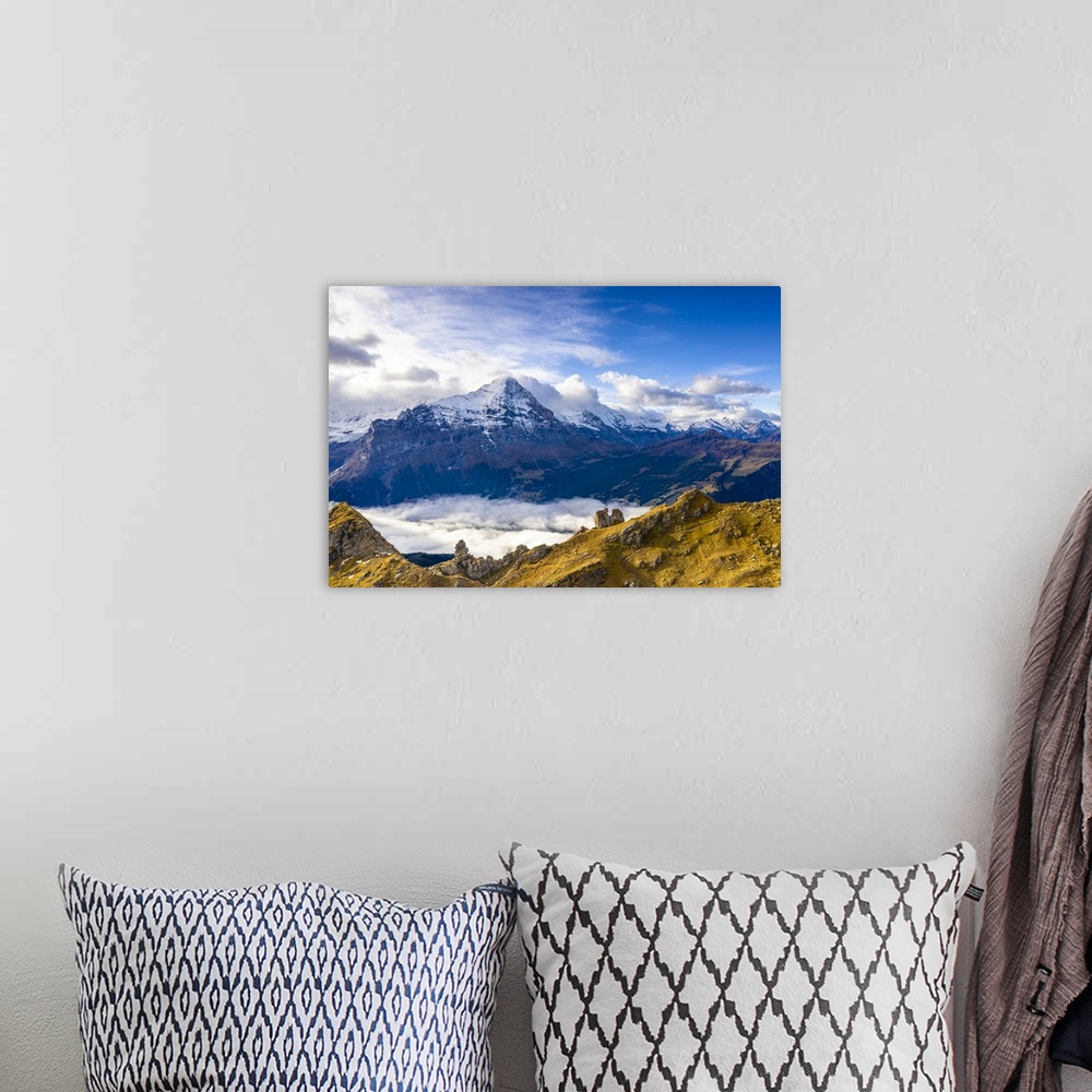 A bohemian room featuring Cloudy sky over Mount Eiger seen from high mountains above Grindelwald in autumn, Bernese Alps, C...