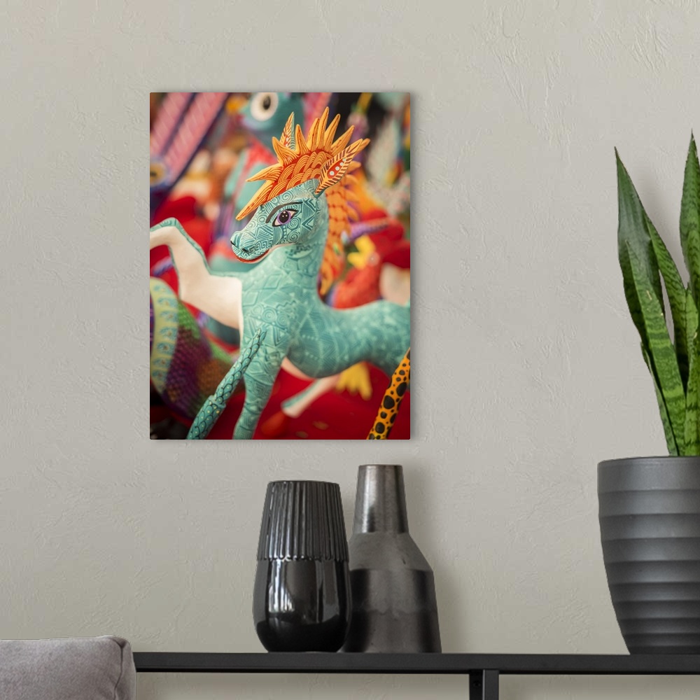 A modern room featuring Colorful carved wooden figure (alebrije) of a horse, Oaxaca valley, Oaxaca, Mexico, North America